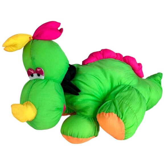 Neon Green Dinosaur Nylon Plush Makes Noise Stuffed Animal Toy Puffalump Style - Picture 1 of 14
